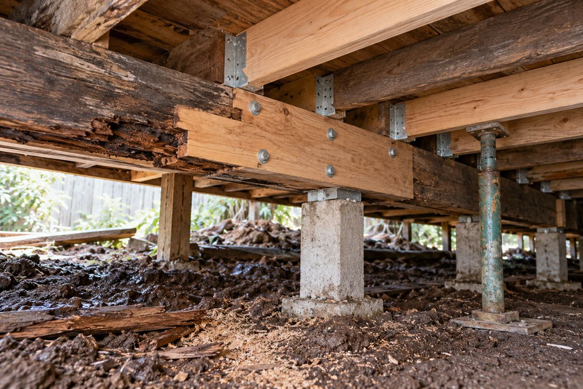 A new hardwood bearer scarfed and bolted beside a rotted one under a house in Somerville, sistered joists fixed with galvanised joist hangers, and an acrow prop carrying the floor while the old timber is cut out.