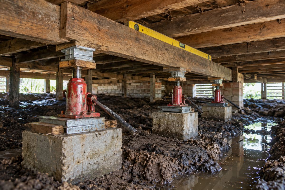 Three hydraulic jacks lifting a hardwood bearer back to level under a post-war house in Hastings, a spirit level resting on the bearer, steel packers ready beside it, and damp dark clay with standing water across the subfloor.