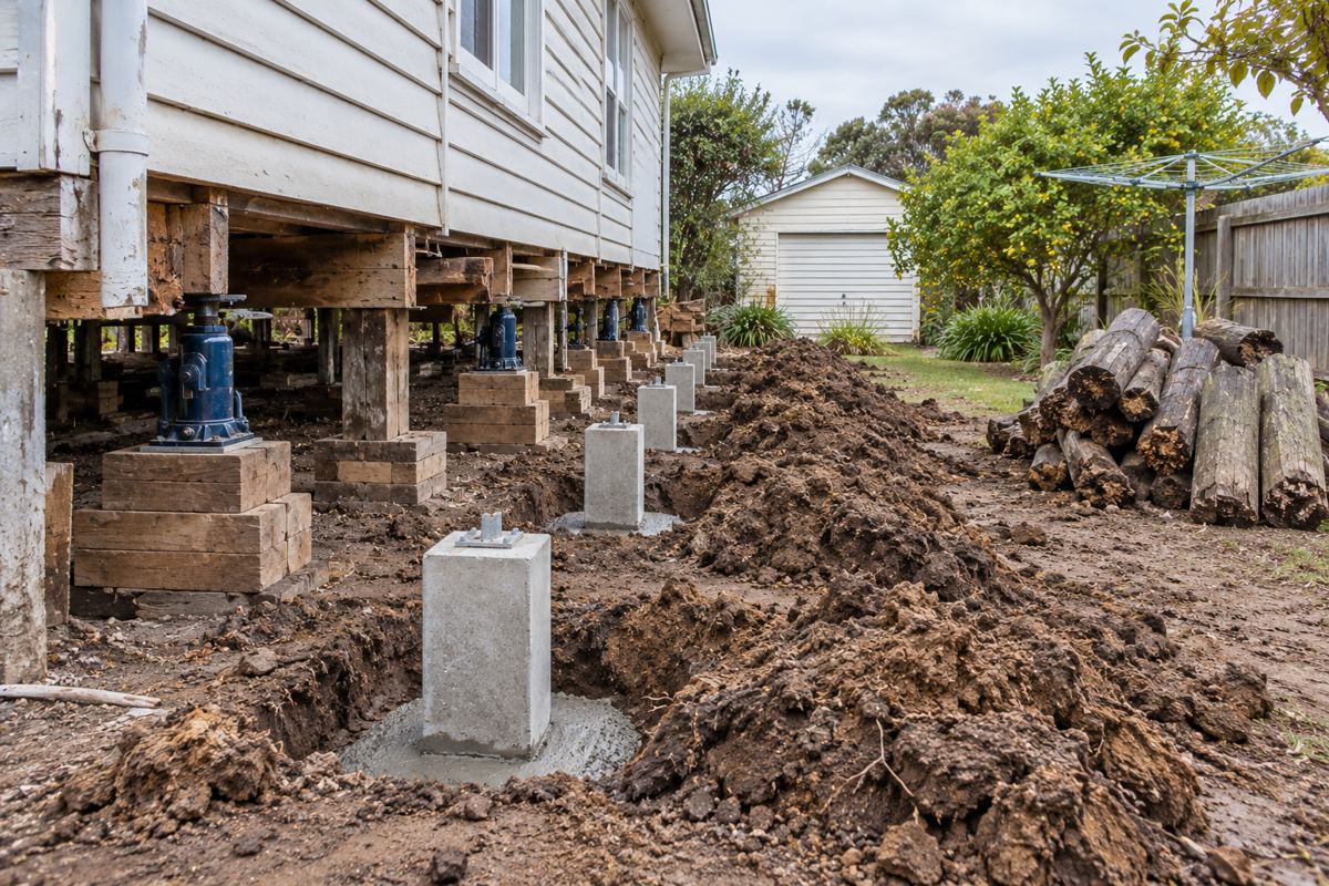 Under a 1950s weatherboard house in Mornington part way through a full restump, new concrete stumps standing in fresh holes, hydraulic jacks and steel packers under the bearers, the old rotted stumps stacked by the fence and brown clay spoil heaped beside the wall