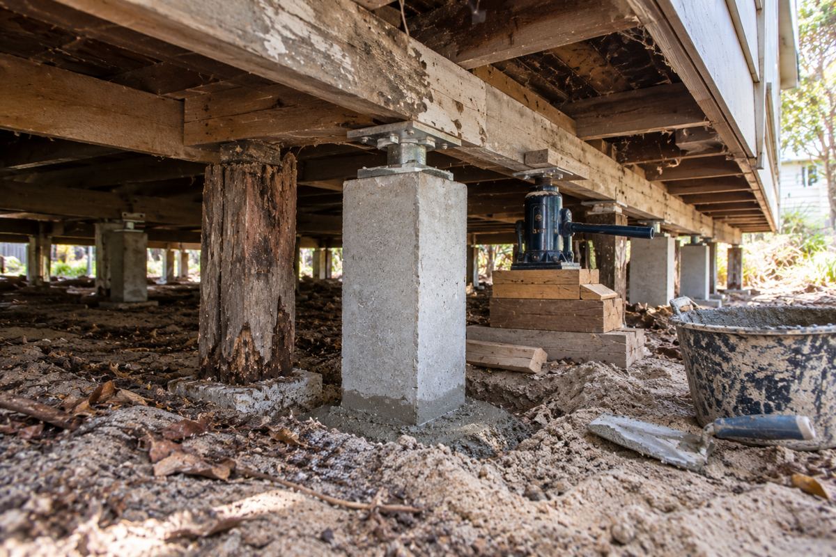 A tight crawl space under a fibro holiday house in Rosebud, with a new concrete stump standing beside the old redgum block it replaces, a bottle jack and timber wedges under the bearer, and pale dune sand across the floor of the subfloor.