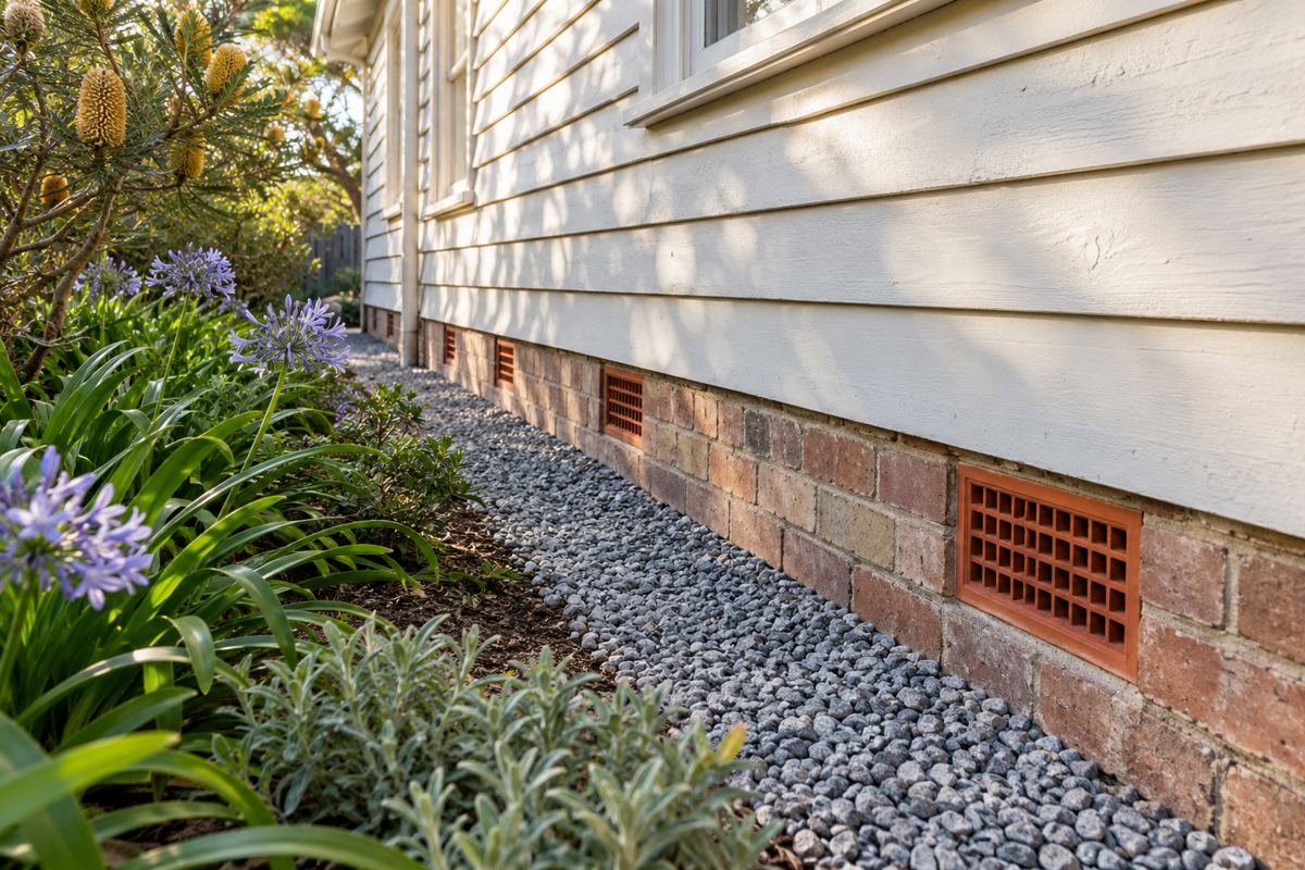 A row of new terracotta subfloor vents set along the base wall of a weatherboard house in Mornington, the garden bed cut back from the wall and a strip of gravel laid against the base boards.