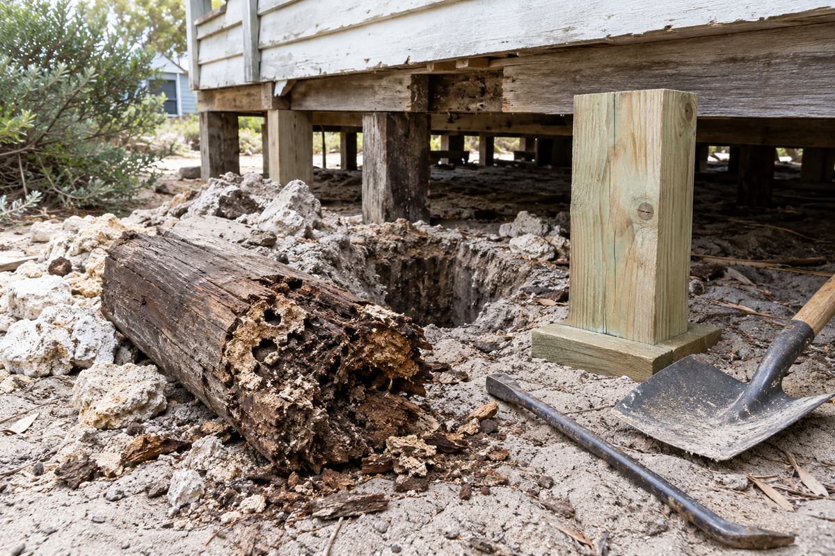A rotted hardwood stump pulled out and lying beside its hole under a house in Sorrento, a new treated stump ready to go in, limestone rubble and grey calcareous dune sand around the hole.